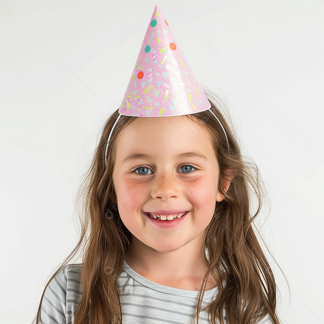 Criança de cabelos claro usando chapéu de festa contra fundo branco