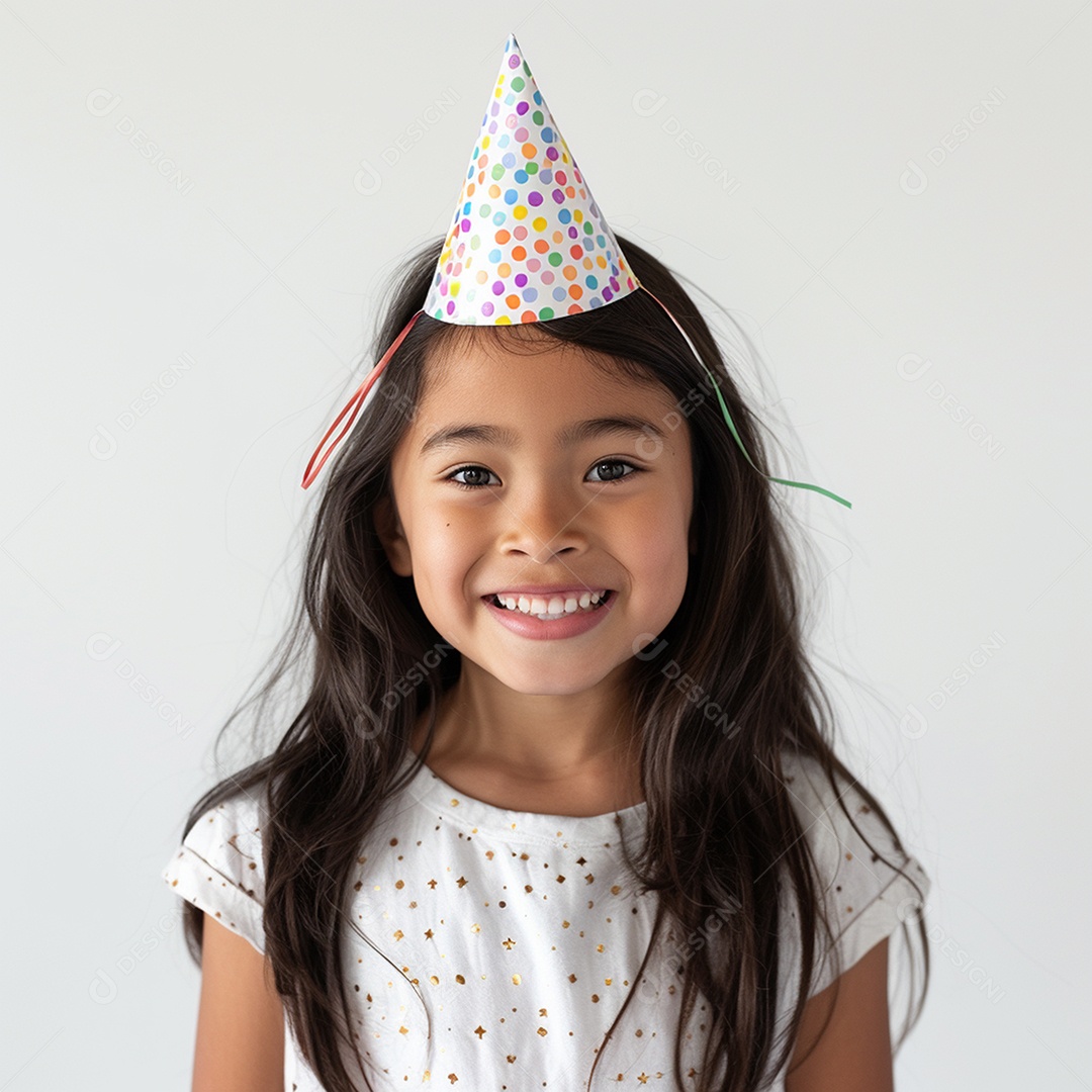 Linda garotinha de cabelos pretos sorrindo e usando chapéu de festa colorido