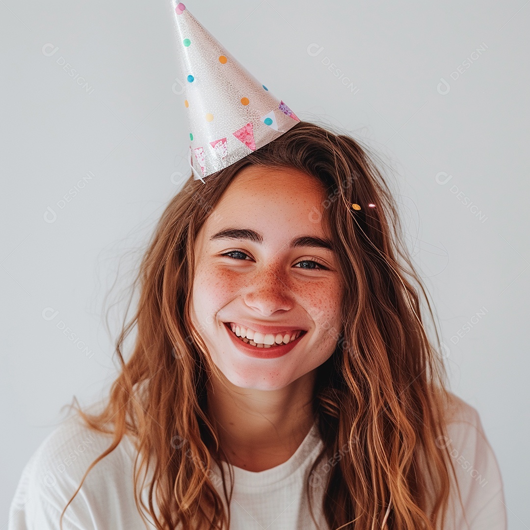 Uma mulher linda usando chapéu de festa colorido