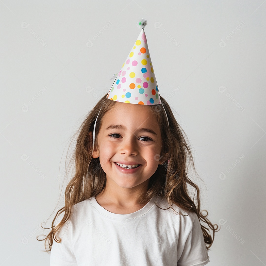 Criança de cabelos claro usando chapéu de festa contra fundo branco