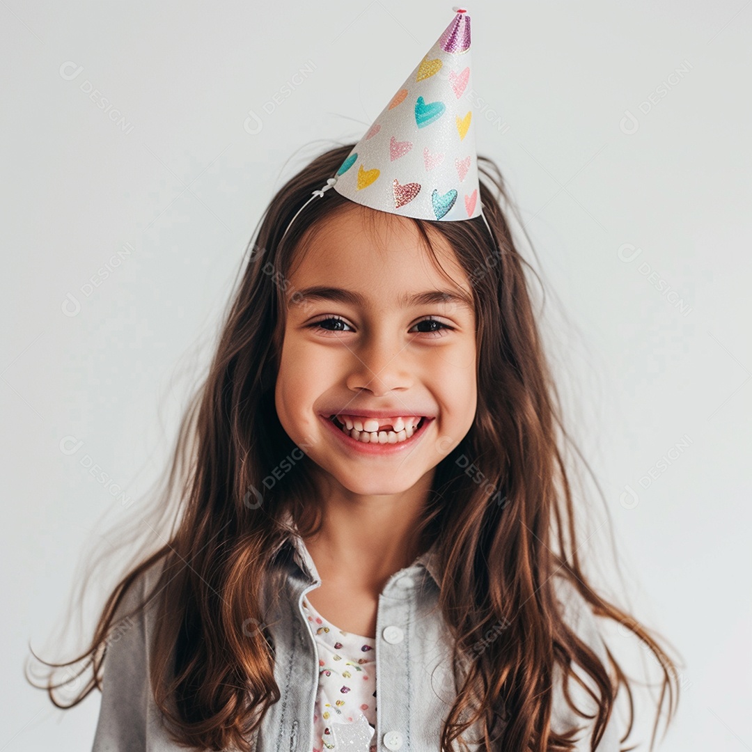 Linda garotinha de dentinho arrancado e usando chapéu de festa