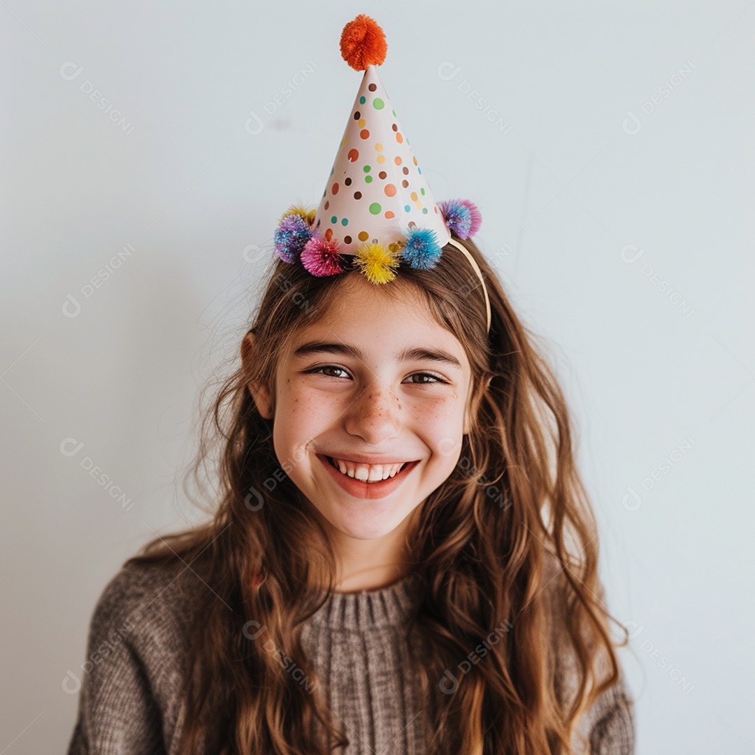 Criança de cabelos soltos usando chapéu de festa contra fundo branco
