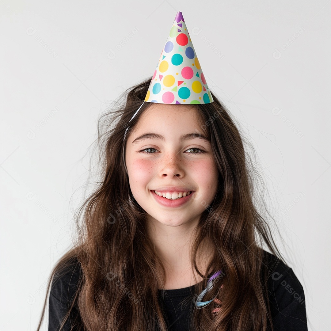 Criança de cabelos soltos usando chapéu de festa contra fundo branco