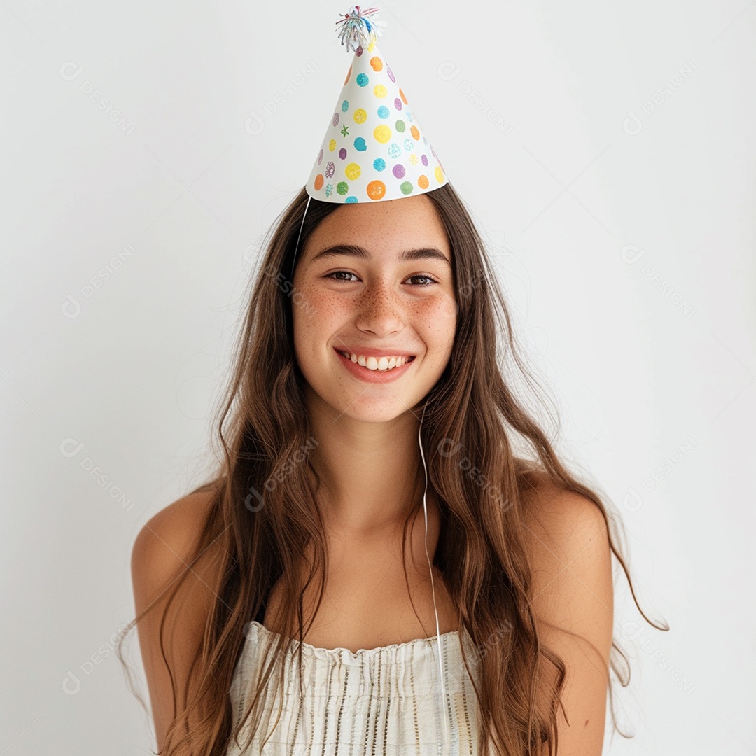 Uma adolescente meiga sorrindo usando chapéu de festa sobre fundo branco