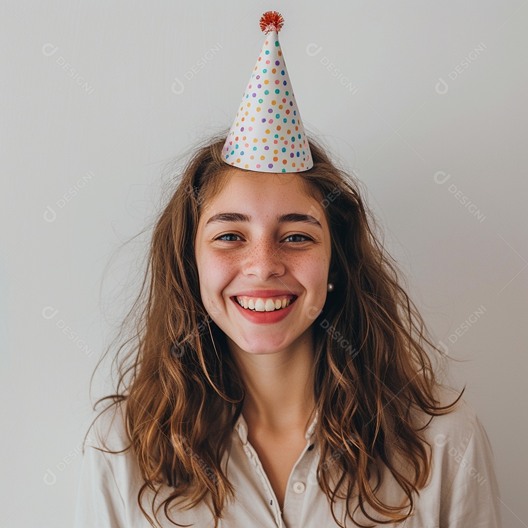 Uma adolescente meiga sorrindo usando chapéu de festa sobre fundo branco