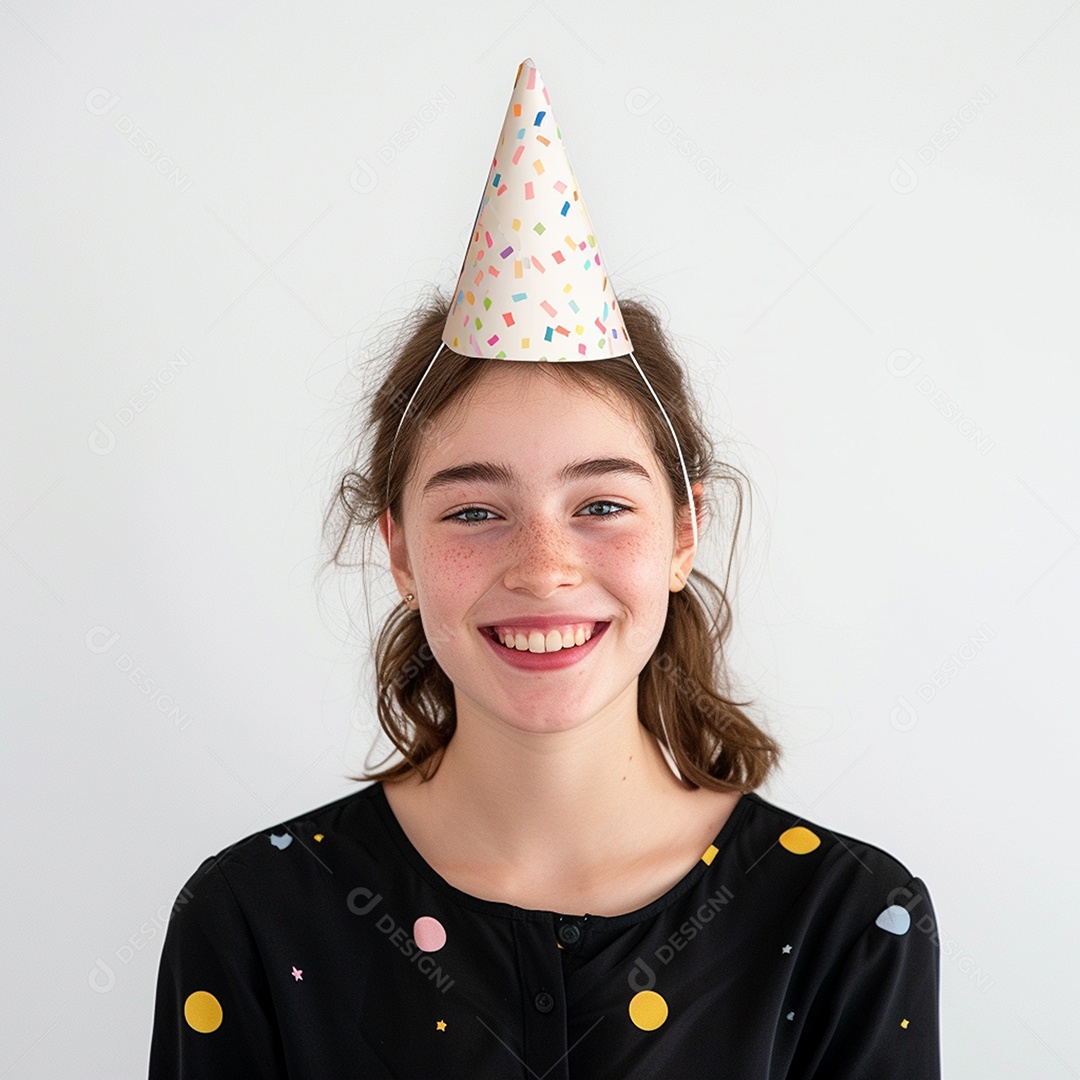Uma adolescente meiga sorrindo usando chapéu de festa sobre fundo branco