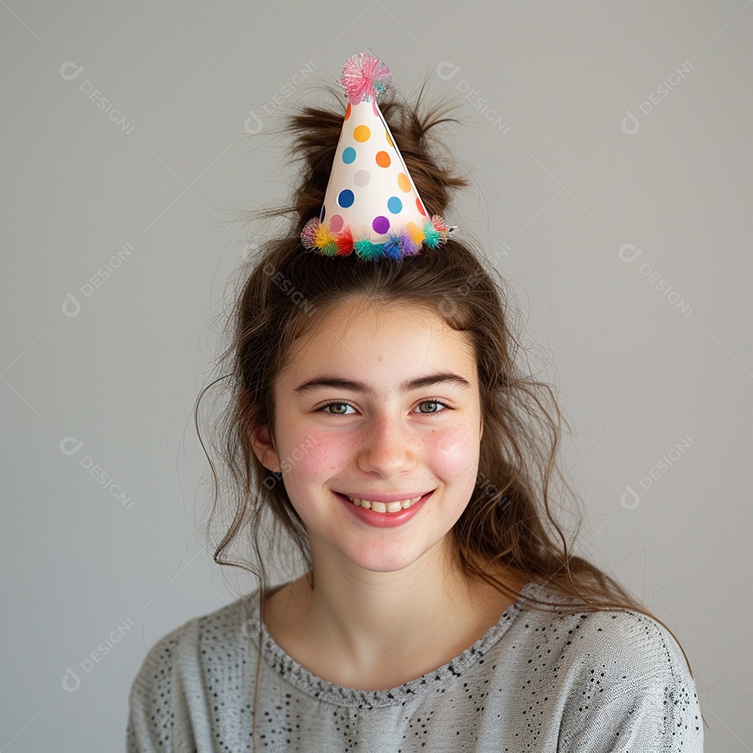 Uma adolescente meiga sorrindo usando chapéu de festa sobre fundo branco