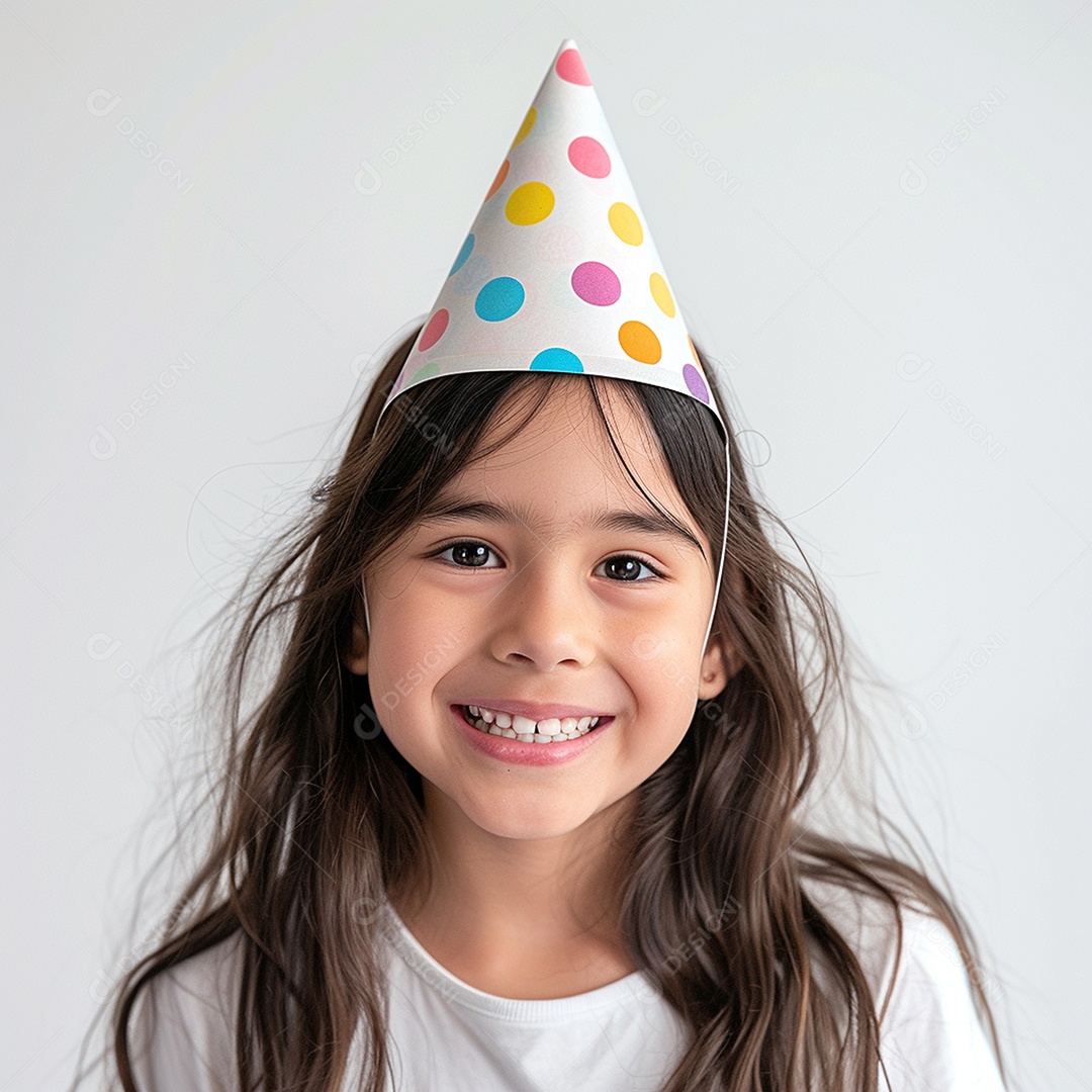 Uma criança linda sorrindo com chapéu de festa na cabeça