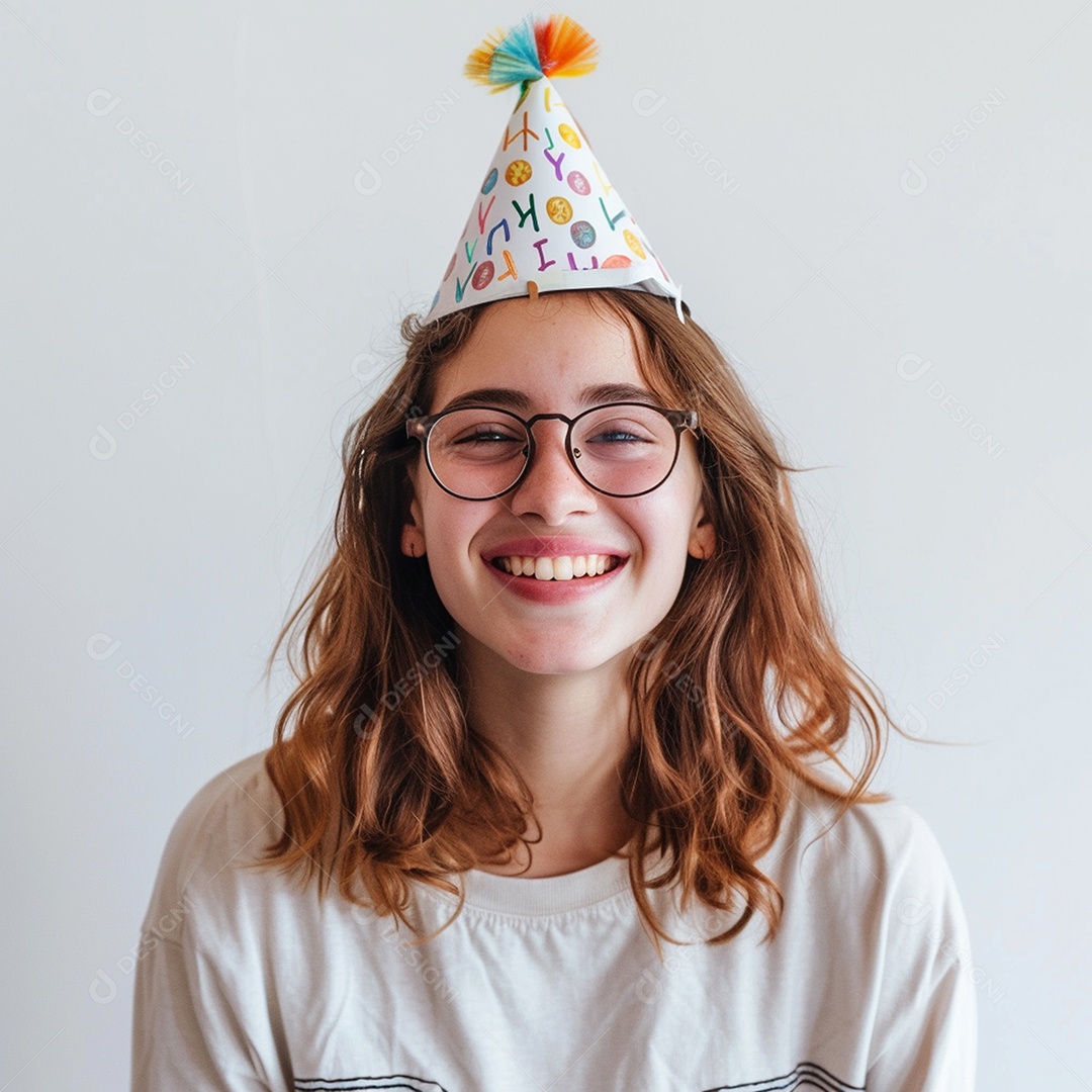 Uma adolescente meiga sorrindo usando chapéu de festa sobre fundo branco