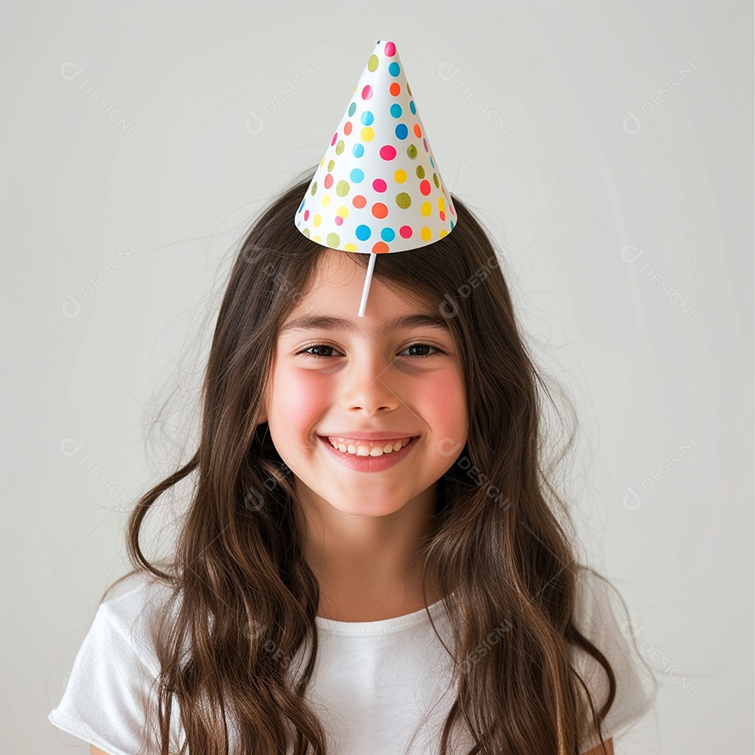 Criança de cabelos soltos usando chapéu de festa contra fundo branco