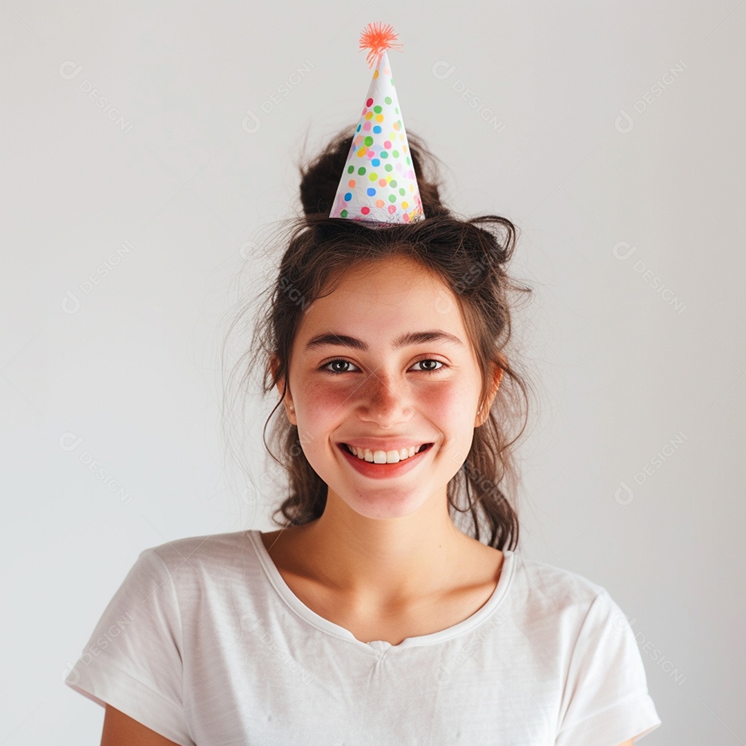 Uma jovem simpática sorrindo com chapéu de festa na cabeça