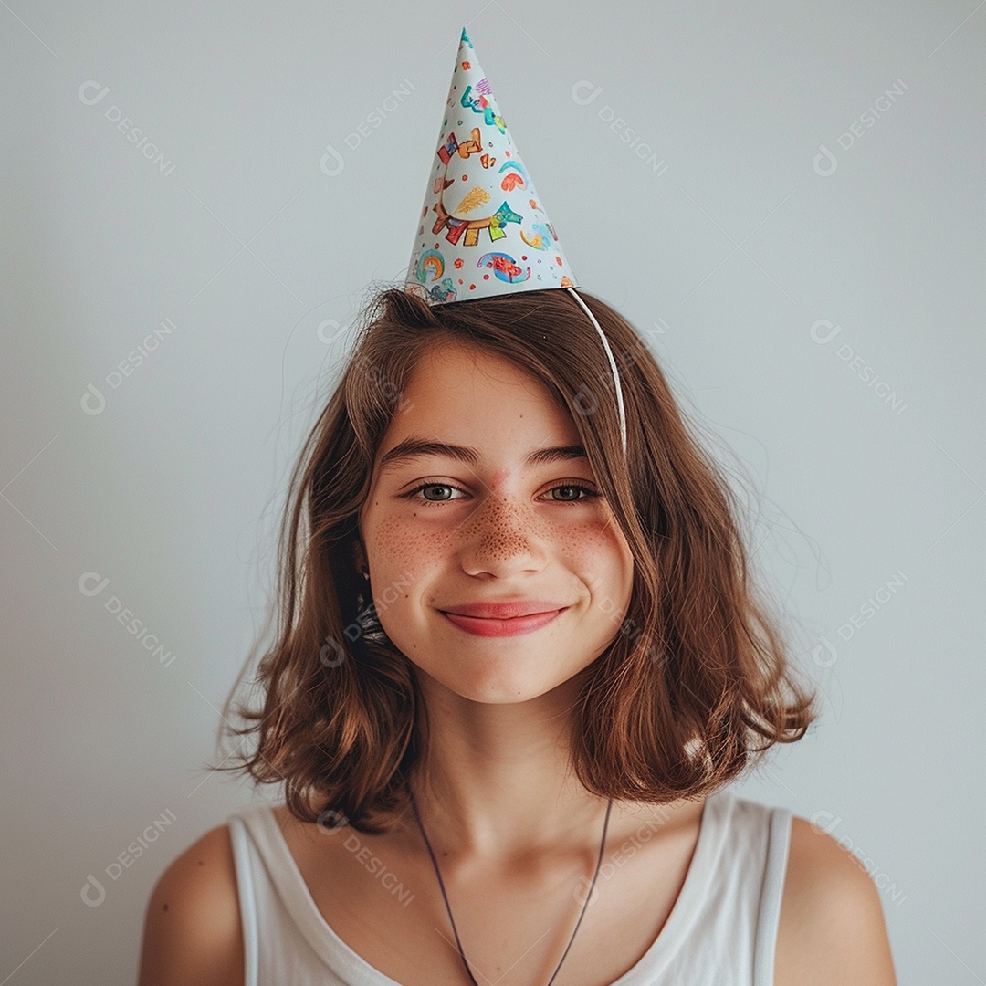 Uma adolescente meiga sorrindo usando chapéu de festa sobre fundo branco