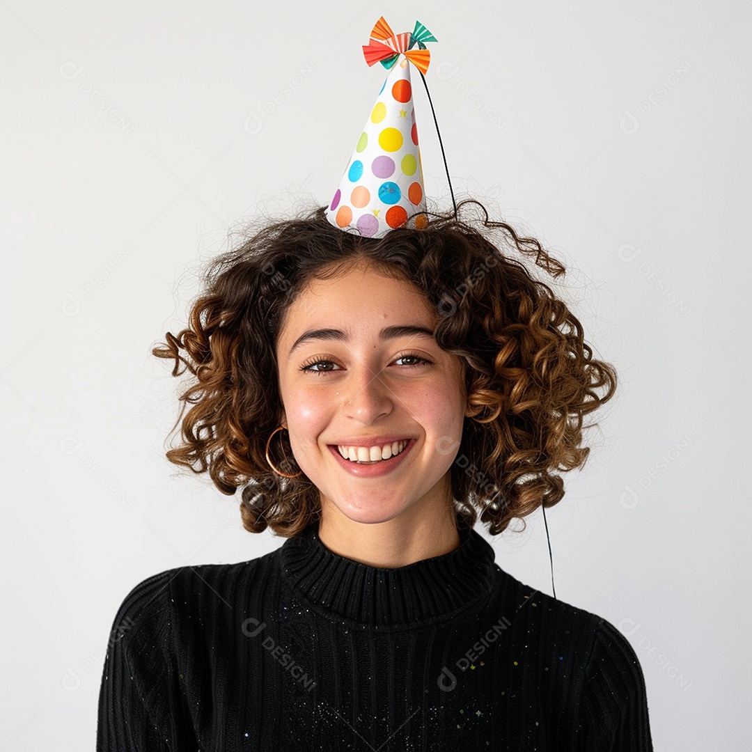 Uma jovem cacheada fofa usando chapéu de festa colorido