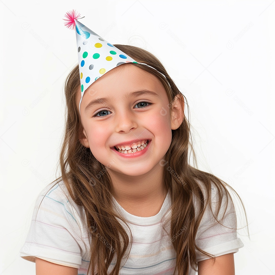 Criança sorrindo usando chapéu de festa colorido