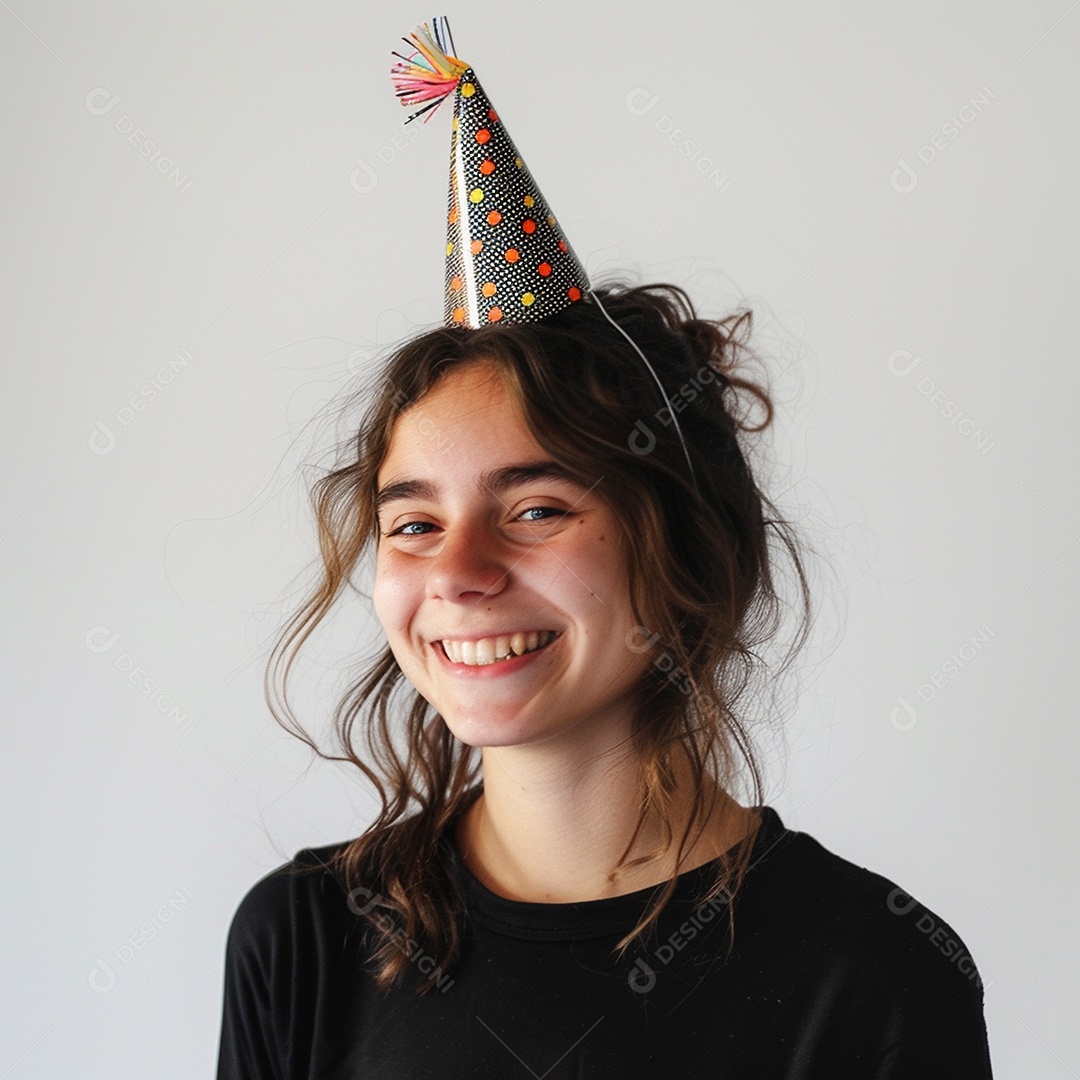 Uma adolescente meiga sorrindo usando chapéu de festa sobre fundo branco