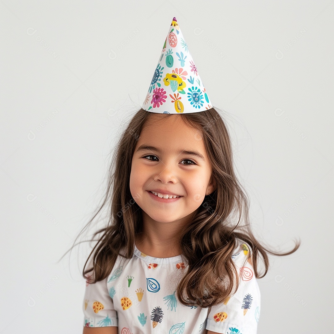 Uma criança fofa e sorridente usando chapéu de festa