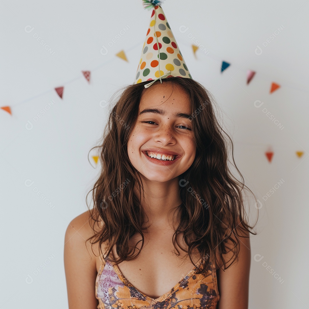 Uma criança fofa e sorridente usando chapéu de festa
