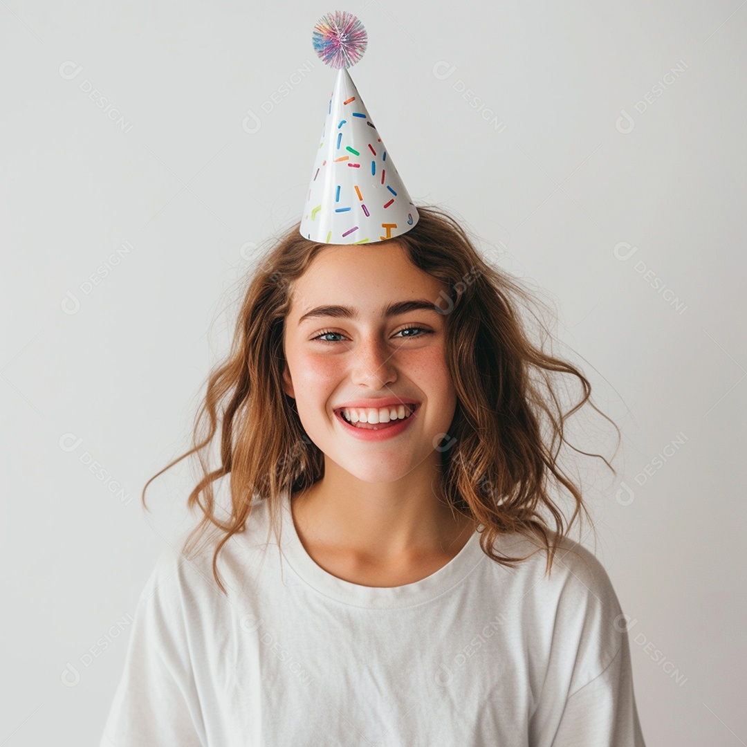 Uma jovem linda sorrindo e usando chapéu de festa