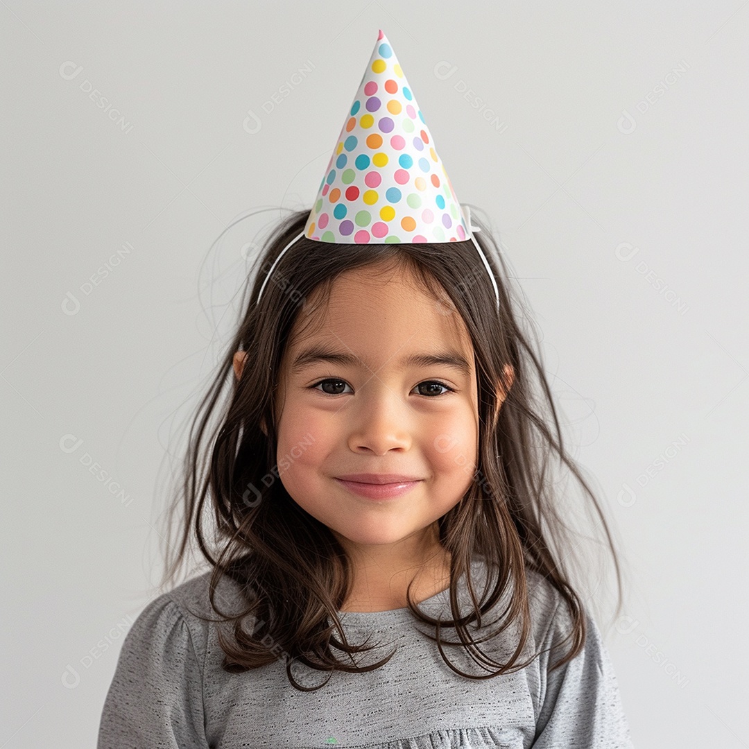 Criança de cabelos soltos usando chapéu de festa contra fundo branco