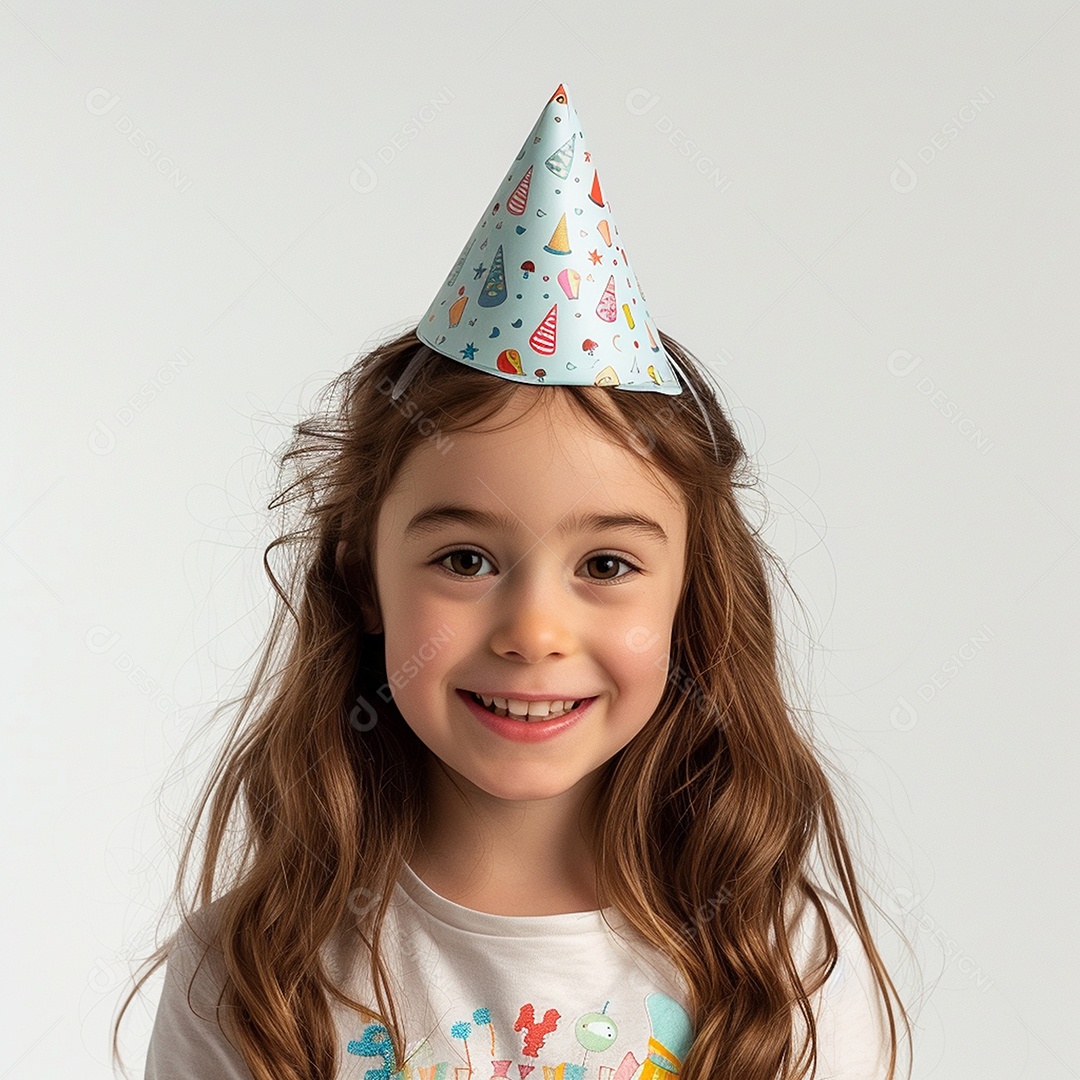 Criança de cabelos claro usando chapéu de festa contra fundo branco