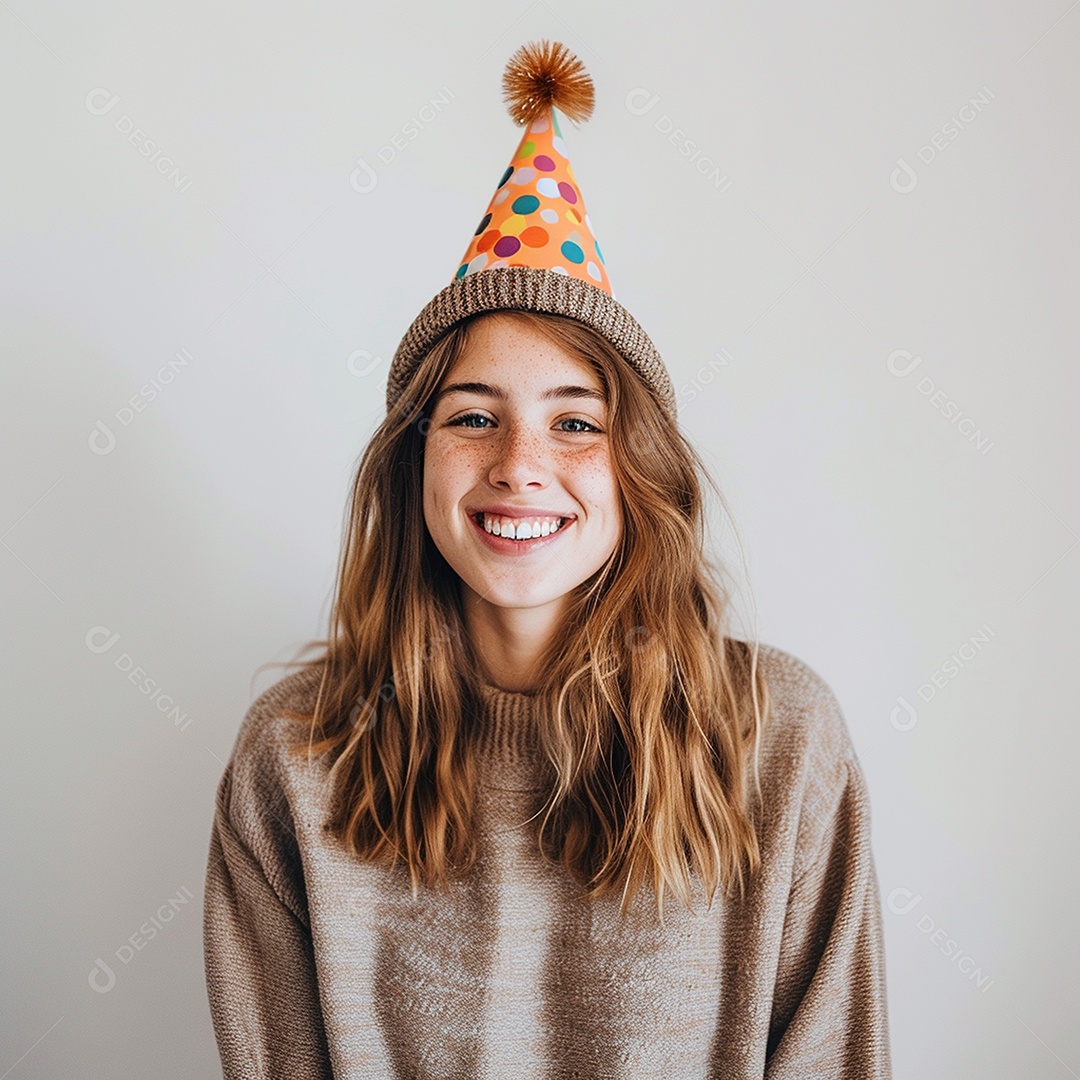 Uma jovem de cabelos claros usando chapéu de festa