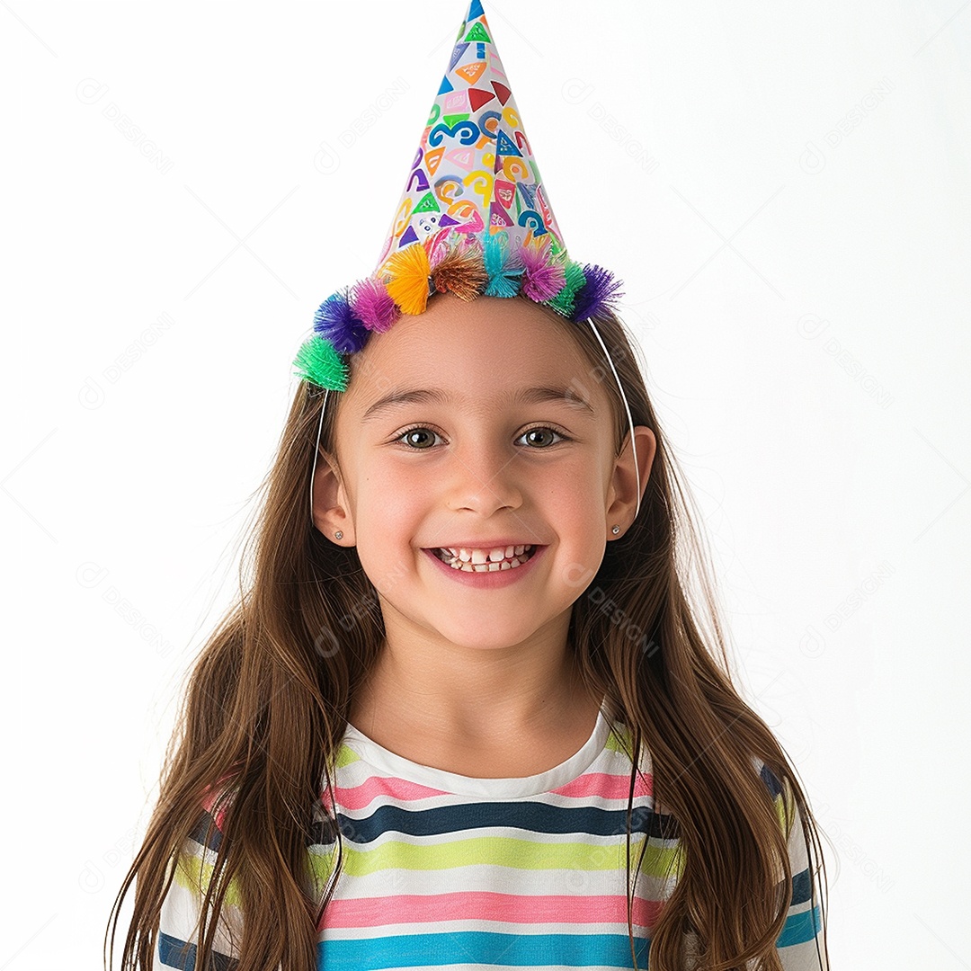 Criança de cabelos claro usando chapéu de festa contra fundo branco