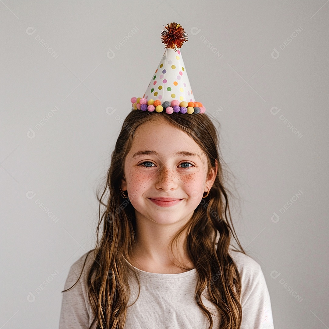 Criança de cabelos claro usando chapéu de festa contra fundo branco