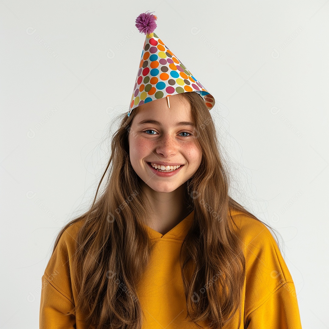 Uma adolescente meiga sorrindo usando chapéu de festa sobre fundo branco