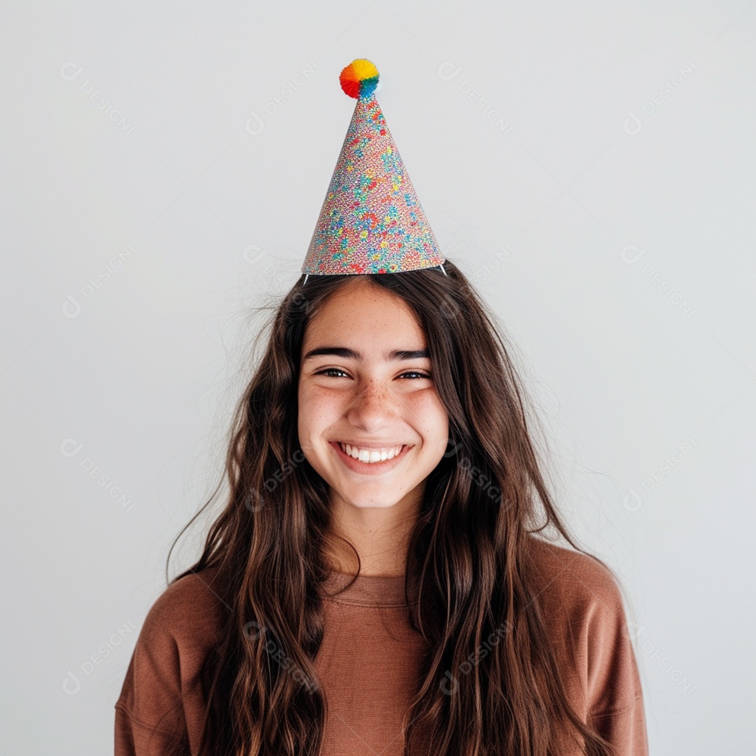 Uma adolescente meiga sorrindo usando chapéu de festa sobre fundo branco