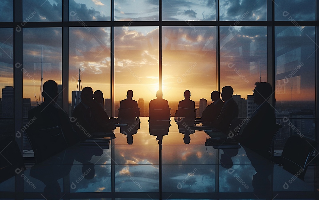 Mesa rodeada por pessoas contra um pôr do sol