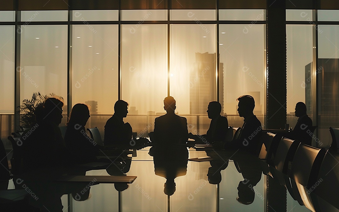 Uma mesa cheia de pessoas em reunião sala com vista para prédios