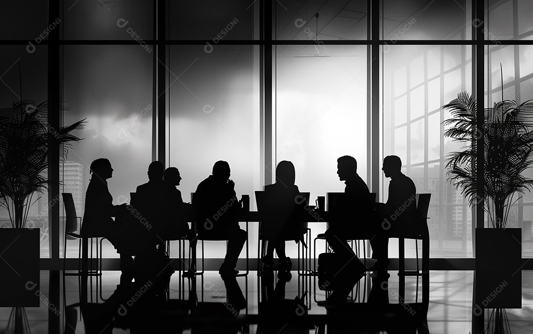 Uma sal com pessoas conversando ao redor de uma mesa