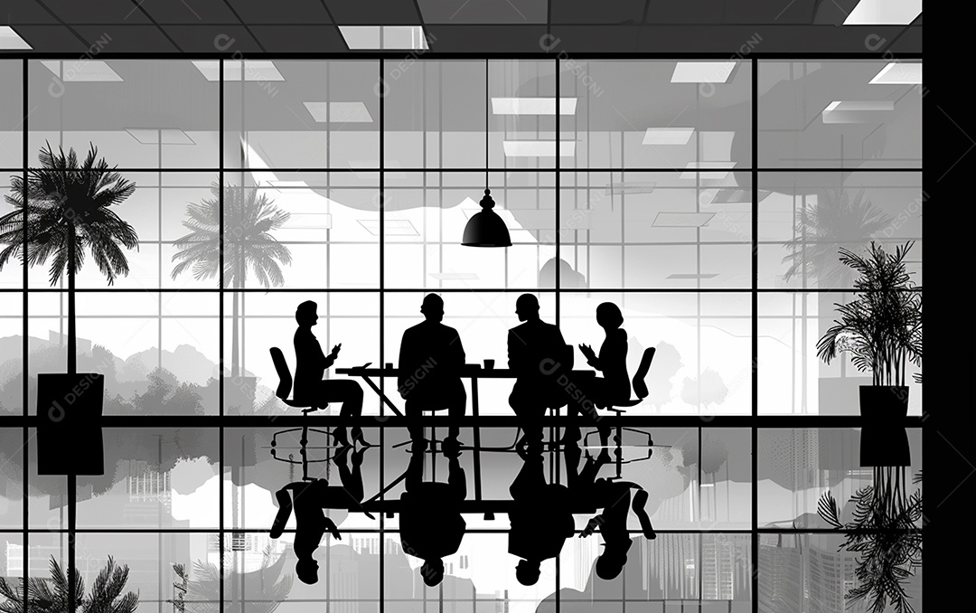 Sala com quatro pessoas em reunião