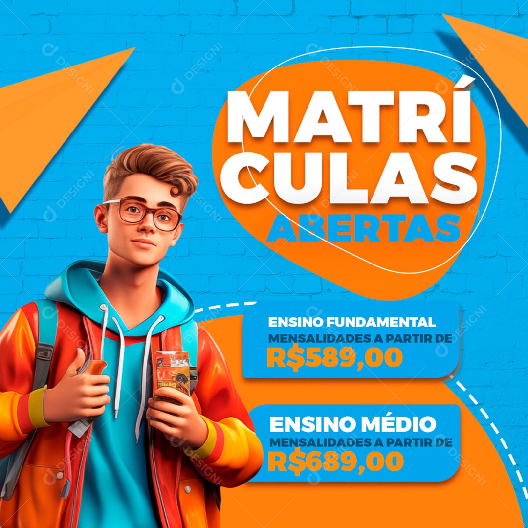 Volta às Aulas Matrículas Abertas Ensino Fundamental Médio Social Media PSD Editável