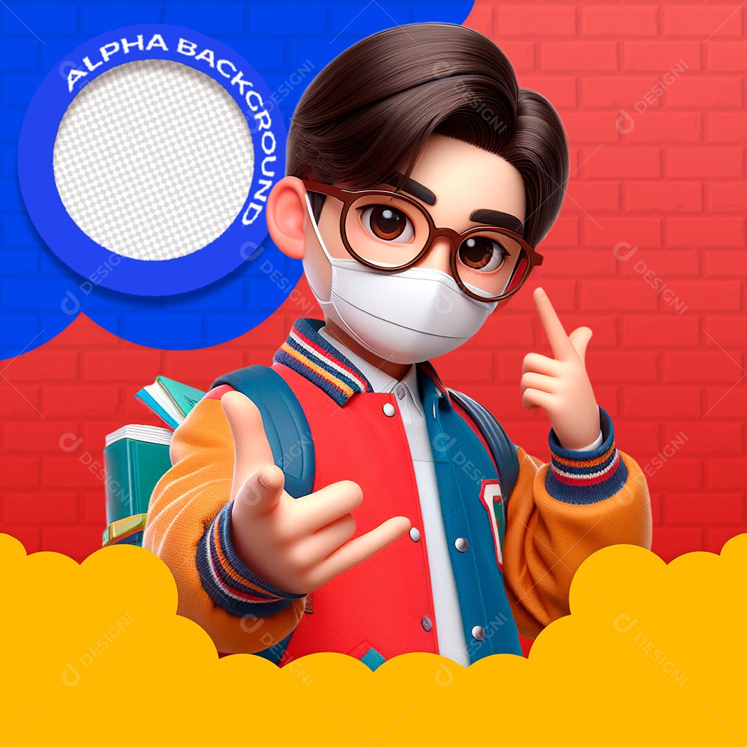 Garoto com Mascara Elemento 3D de  Volta às Aulas para Composição PSD