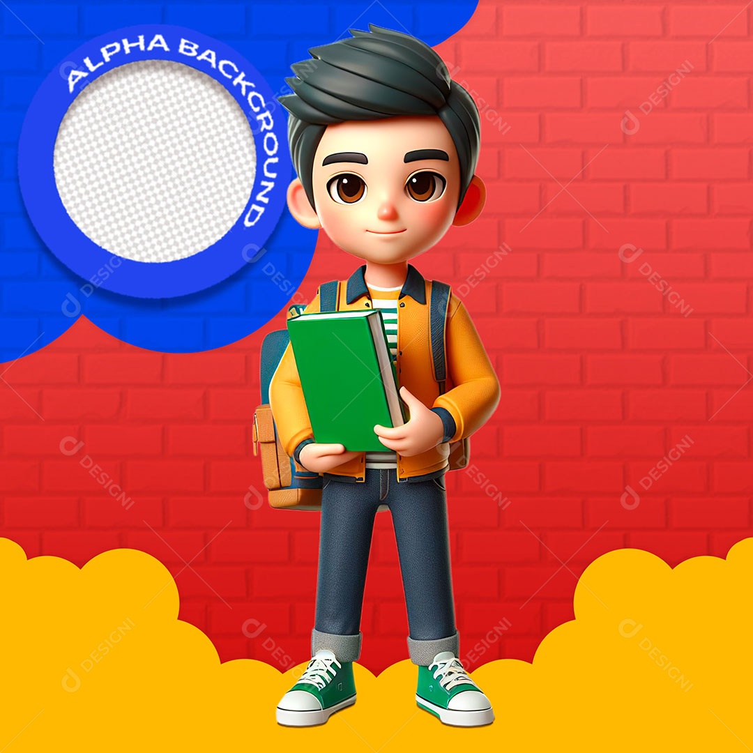 Menino com Livro Elemento 3D de Volta às Aulas para Composição PSD