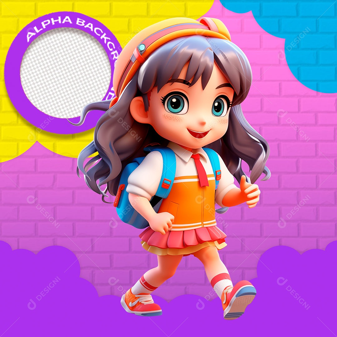 Garotinha com Mochila Elemento 3D de Volta às Aulas para Composição PSD