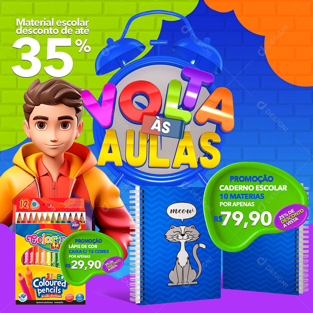 Volta as Aulas Promoção Caderno Escolar 10 Materias Social Media PSD Editável
