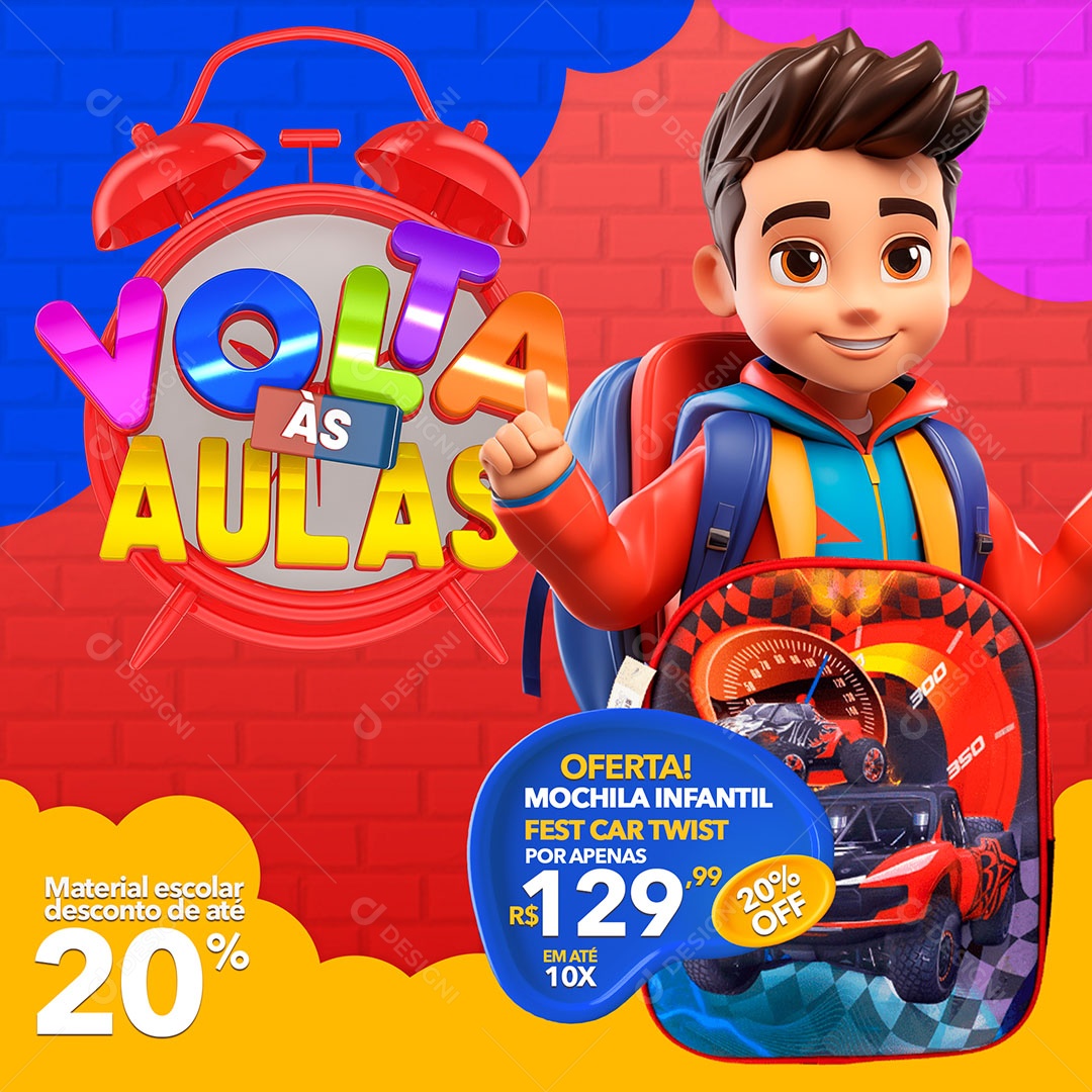 Volta as Aulas Oferta Mochila Infantil Fest Car Twist Social Media PSD Editável