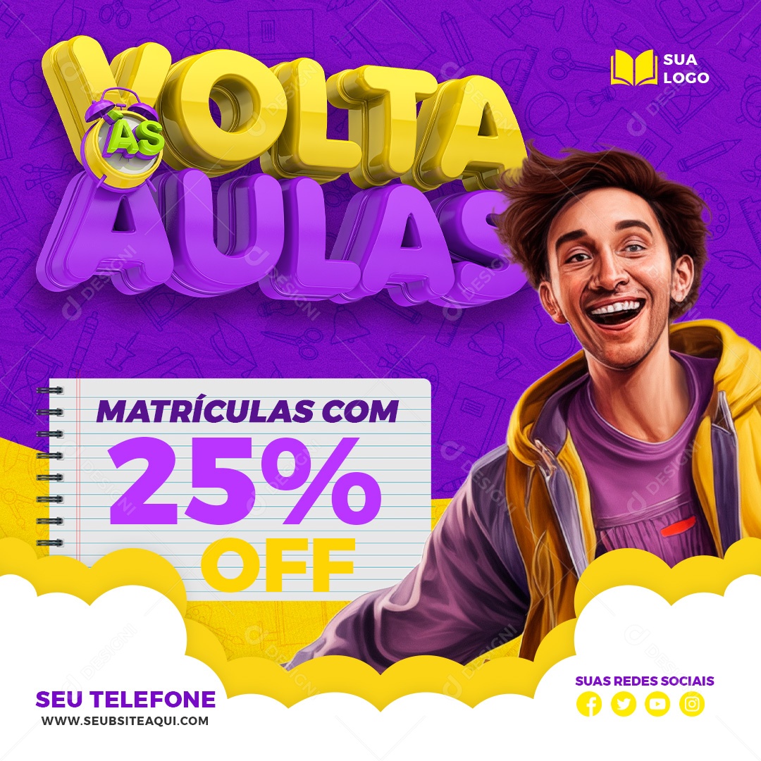 Volta às Aulas Matrículas com 25% OFF Social Media PSD Editável