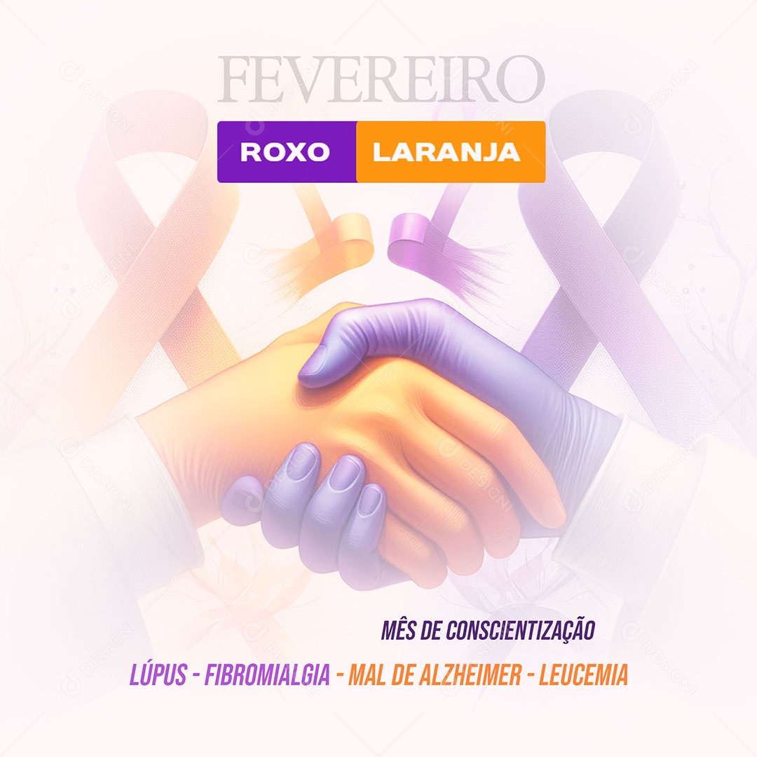 Fevereiro Laranja e Roxo Mês Conscientização Social Media PSD Editável