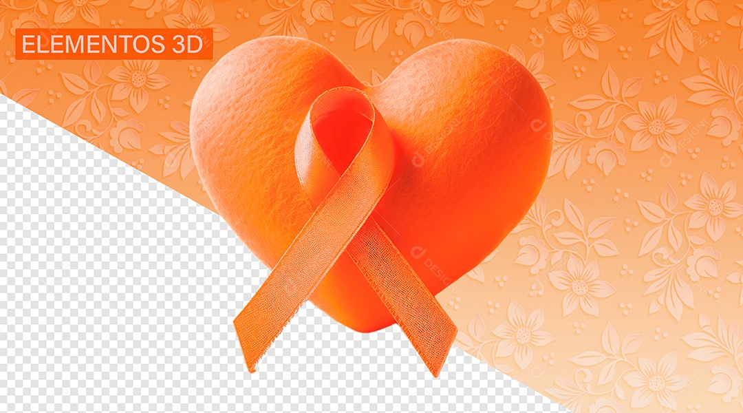 Fita e Coração Conceito ao Fevereiro Laranja Elemento 3D para Composição PSD