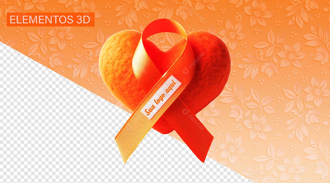 Fita e Coração Elemento 3D de Fevereiro Laranja para Composição PSD