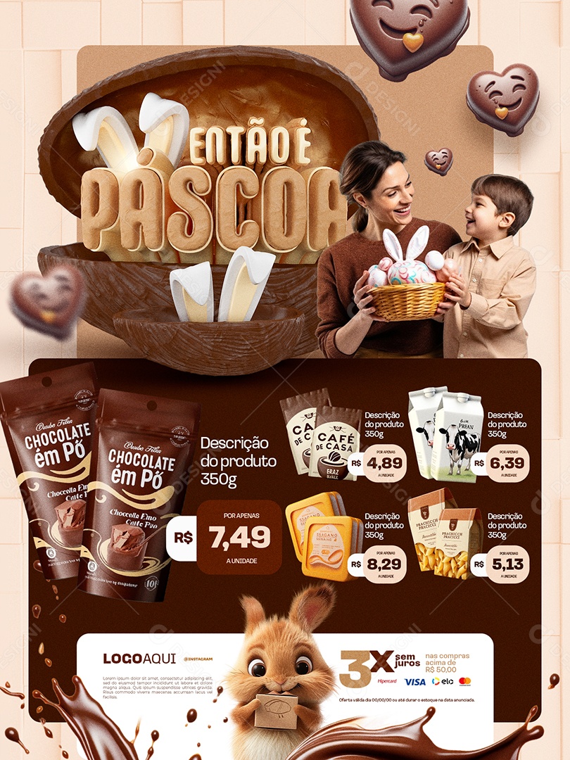 Supermercado Então é Páscoa Encarte Chocolate em pó Social Media PSD Editável