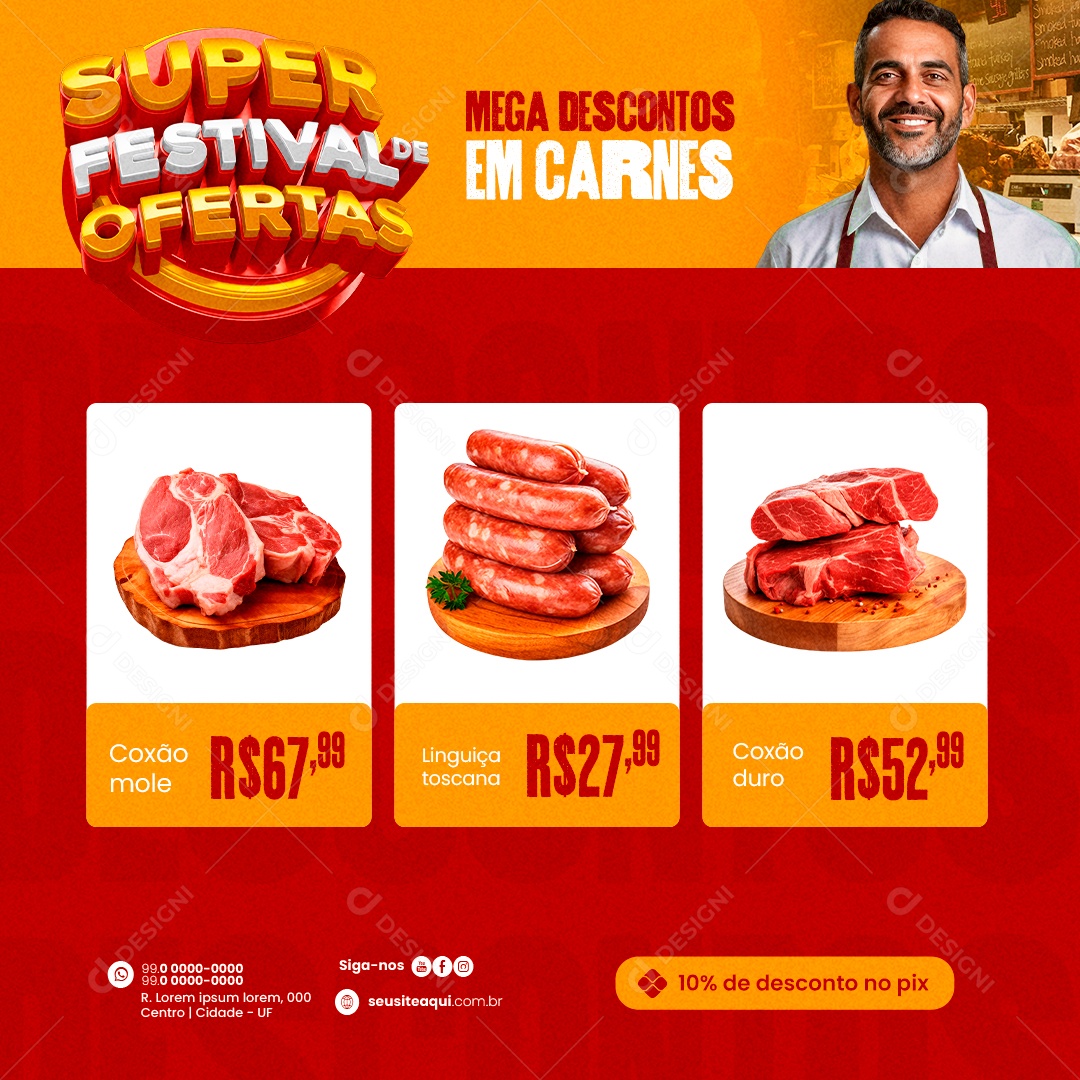 Açougue Super Festival de Ofertas Coxão mole Linguiça toscana Coxão duro Social Media PSD Editável