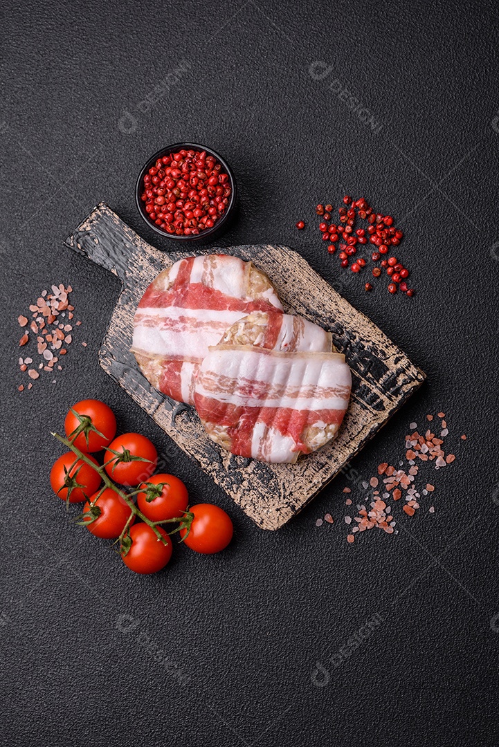 Frango picado redondo ou costeleta de porco envolta em bacon com sal, especiarias e ervas sobre um fundo escuro de concreto
