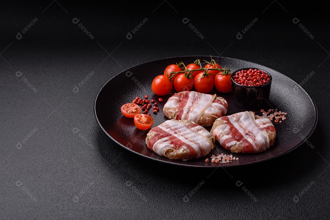 Frango picado redondo ou costeleta de porco envolta em bacon com sal, especiarias e ervas sobre um fundo escuro de concreto