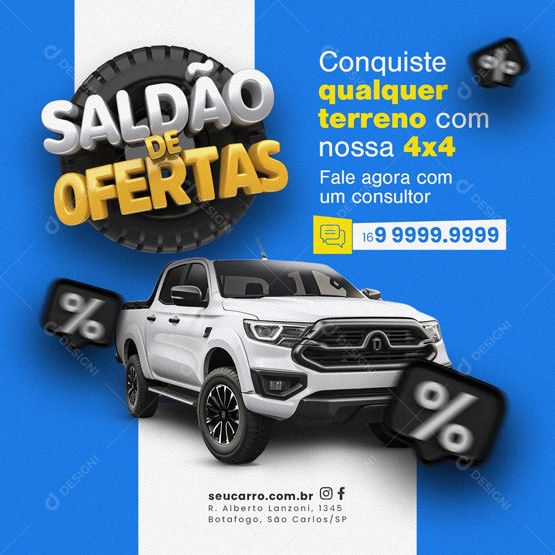 Saldão de Ofertas Venda de carros Conquiste qualquer terreno com nossa 4x4 Social Media PSD Editável