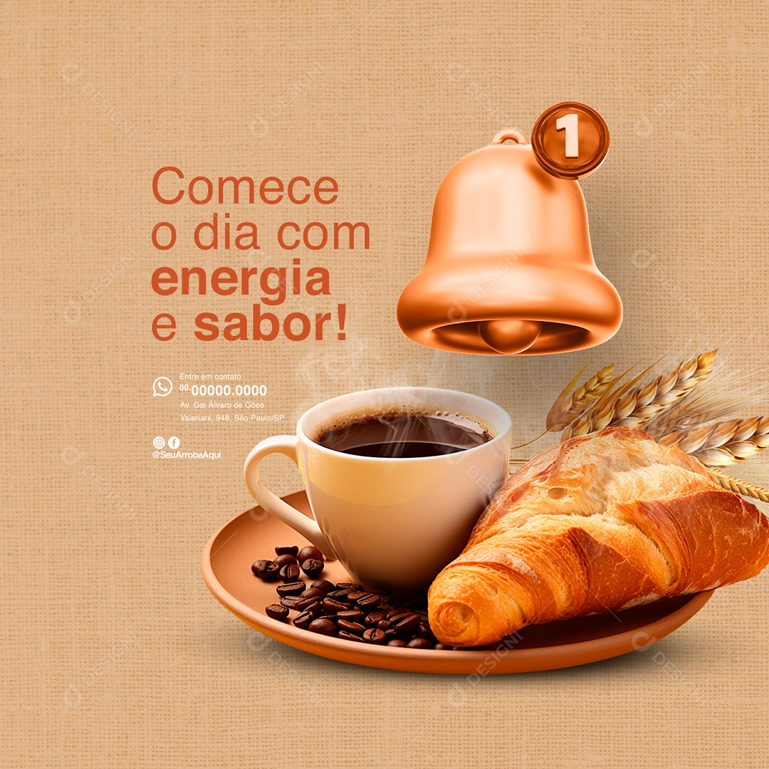 Delivery Padaria Pão e Xícara de Café Comece o dia com energia e sabor Social Media PSD Editável