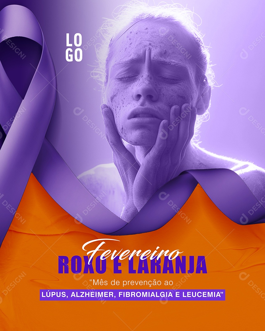 Fevereiro Roxo e Laranja Mês de prevenção ao Lúpus Alzheimer Leucemia Social Media PSD Editável